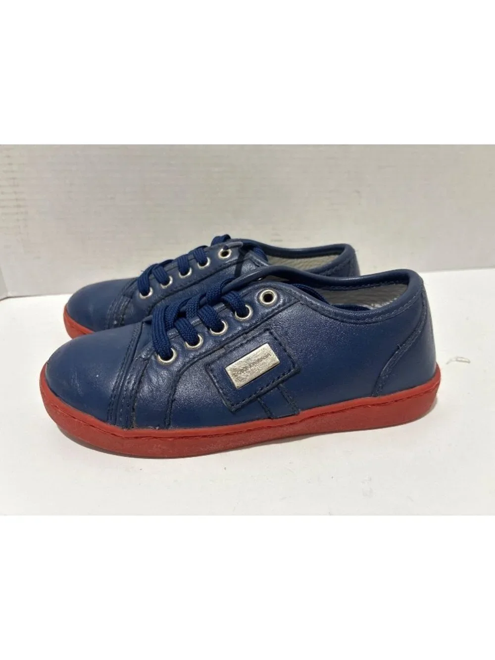 Dolce & Gabbana Kids Blue Leather Sneakers With Red Soles size 9